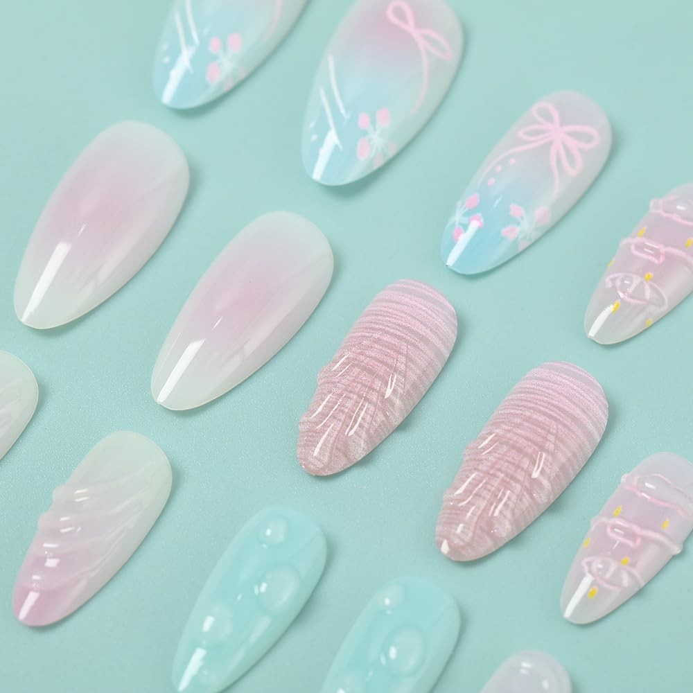 24 Pcs Ombre Press on Nails Short Almond Nail Tips,Pink Acrylic Nail Kit Fake…