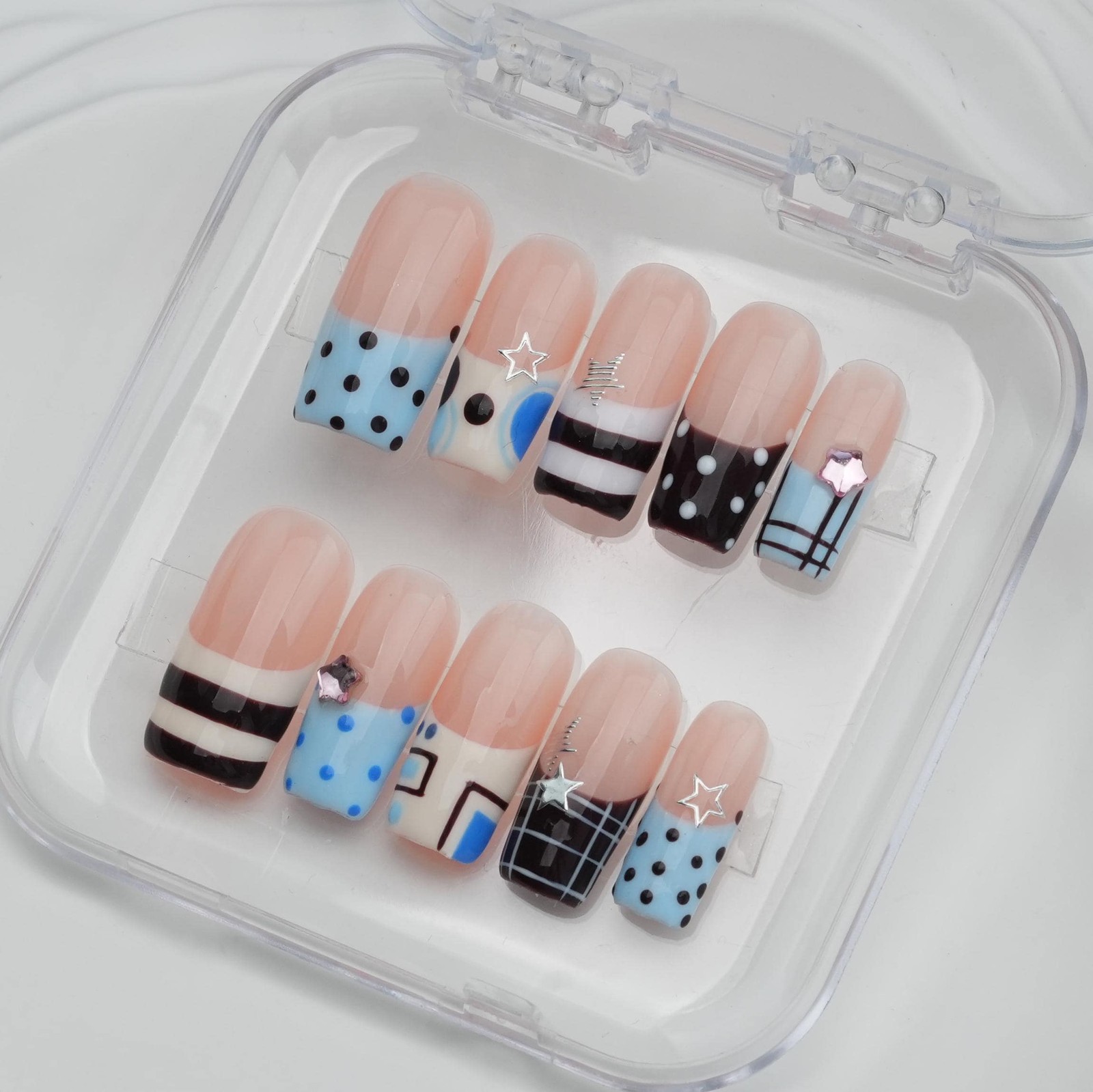 Custom Handmade French Tip Plaid Polka Dot Star Bow Long Square Press on Nails