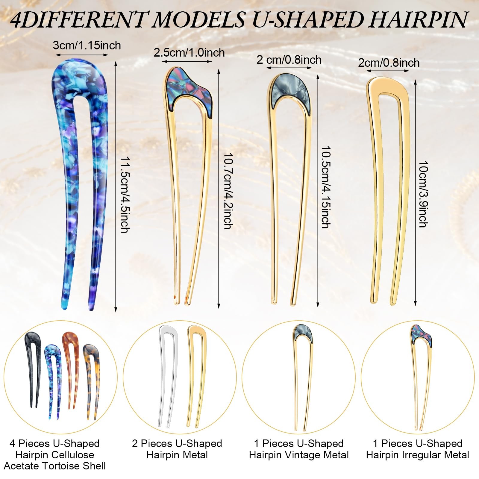 8 Pieces U Shaped Hair Pins French Metal U 1 Count (Pack of 1), Classic