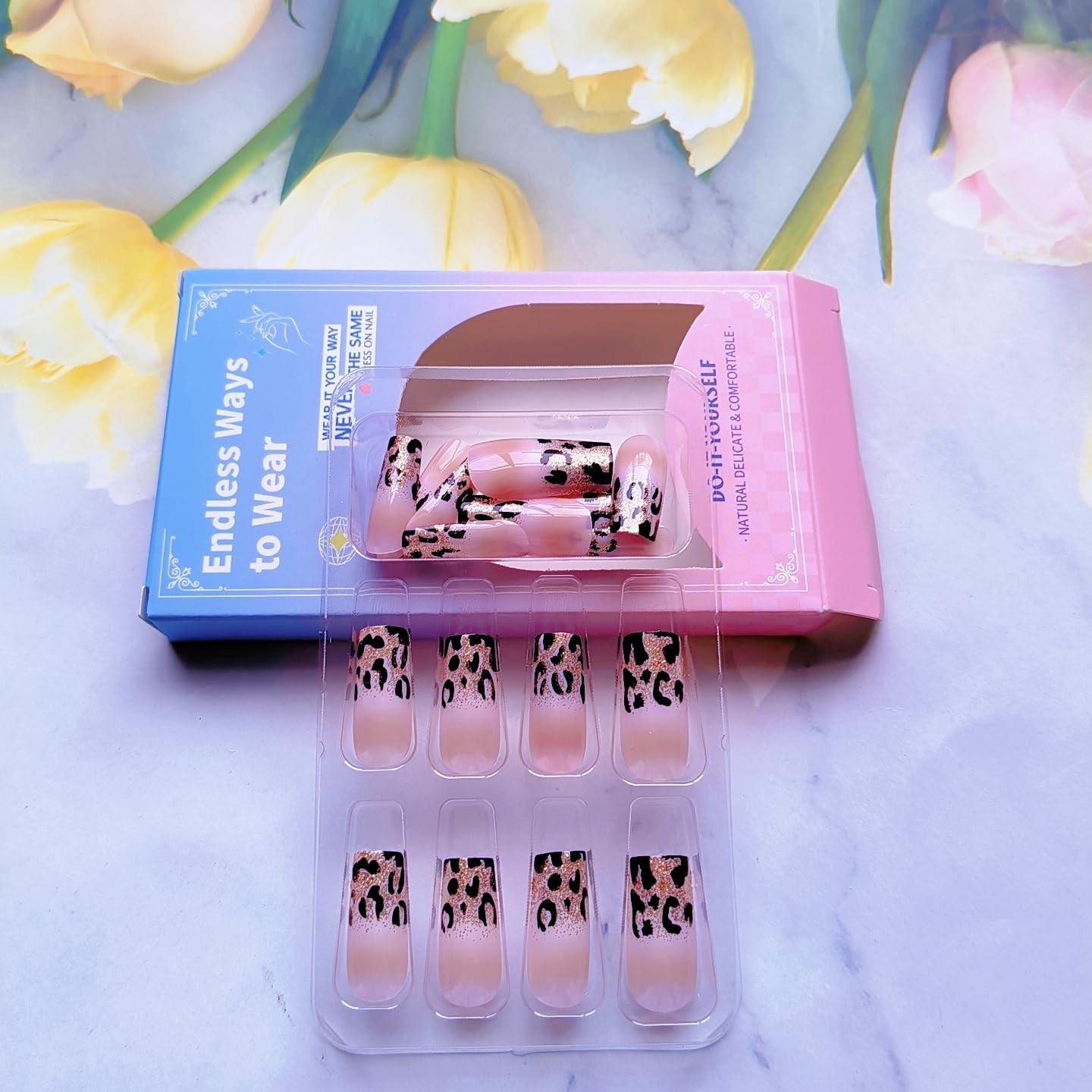 Leopard French Tip Press on Nails Medium Gold Glitter Fake Nails Square False…