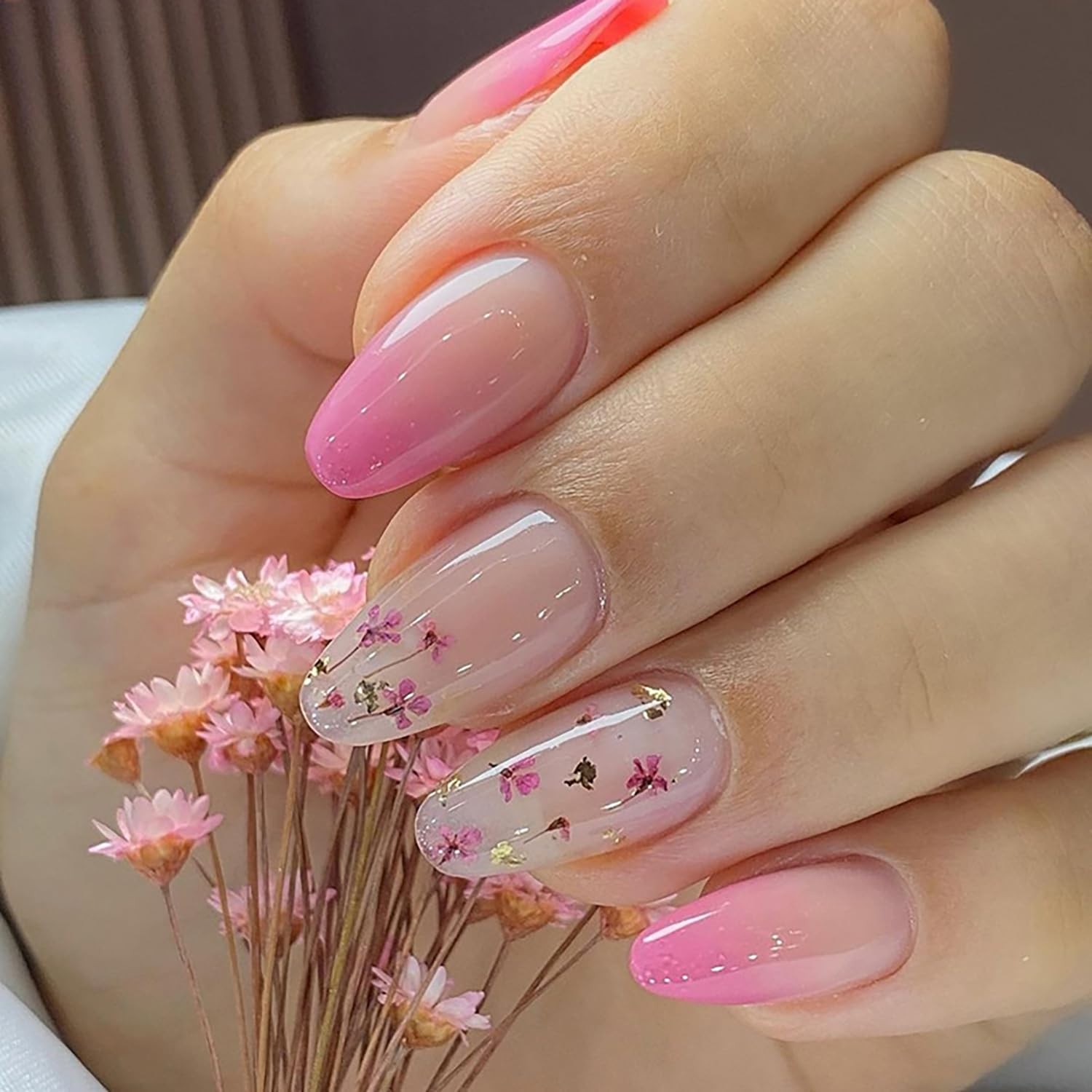 Almond Press on Nails Tip Medium, Artificial Fake Nails with Cute Flower Desi…