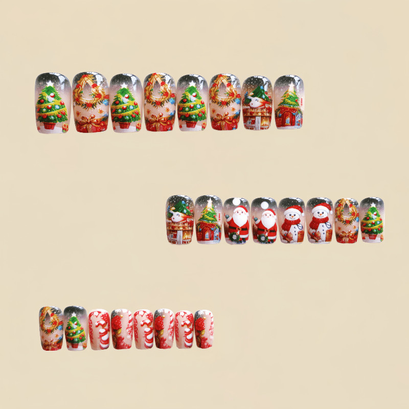 48P Long Coffin Press on Nails, Santa Snowman Tree Painted Holiday Fake Nails