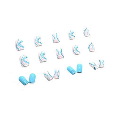 Press on Nails – Short Square Fake Nails with Summer Blue Swirl, 00901Blue