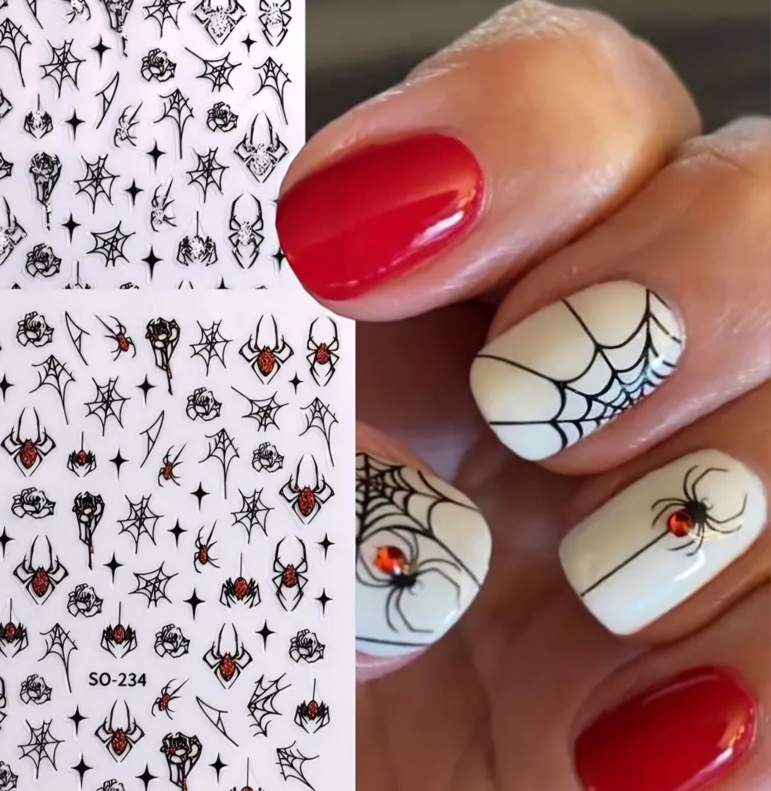 Halloween Nail Art Transfer Stickers Red Silver Spooky Spiders Roses Spider Webs