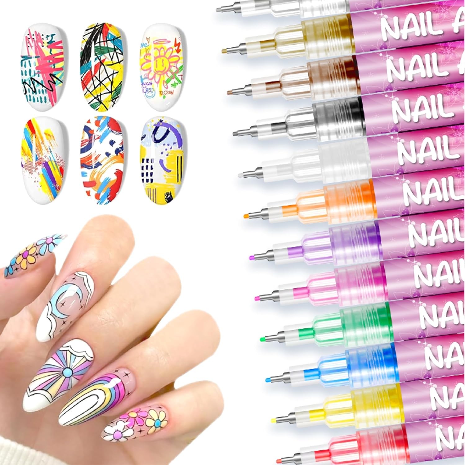 12 Colors Nail Art Pens Set 3D Nail Polish Pens Graffiti Dotting Pen