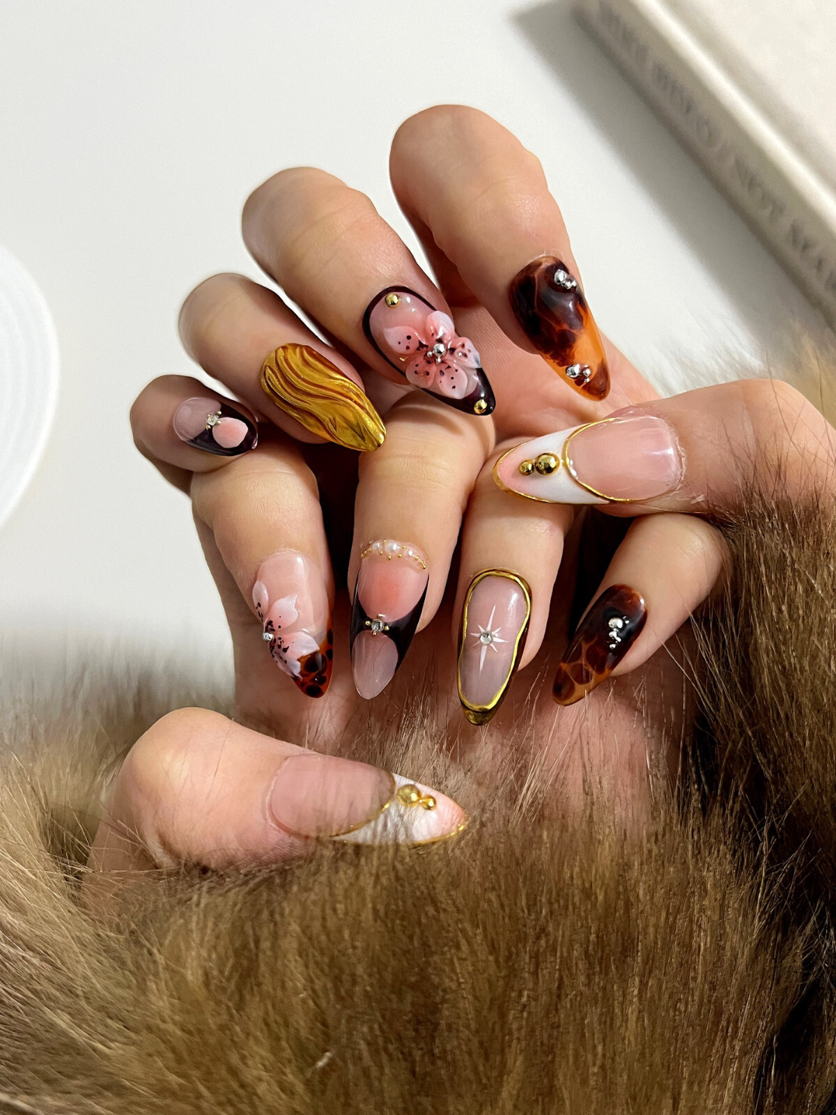 Goddess-Inspired 3D Floral & Tortoiseshell Press-On Nails – Luxe Almond Nails