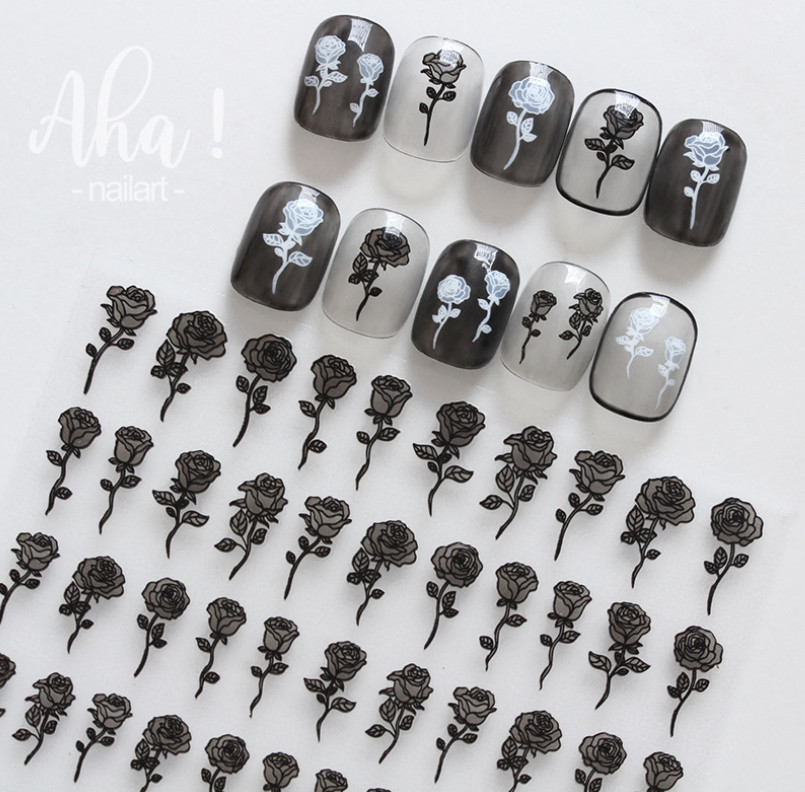 Black White Rose Nail Art Sticker Decal 3D Self-Adhesive Semi Transparent NS44