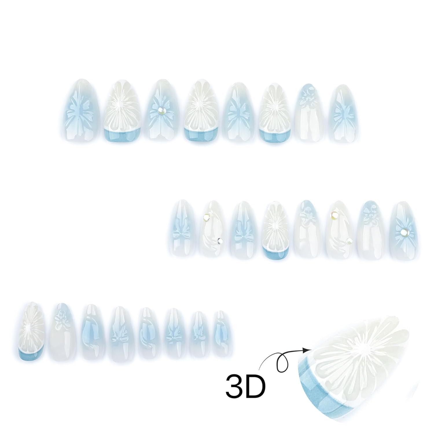 Medium Press on Nails Almond Fake Nails with 3D Lemon Design Blue Ombre Full …