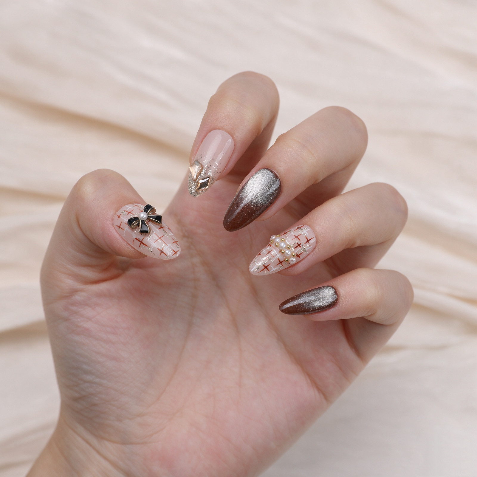 Medium Almond Press On Nails Nude Brown Plaid Bow Pearl Glitter Party Nail Set