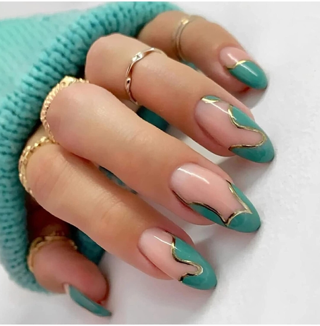24 Press on nails w/ glue long almond green gold swirl nude