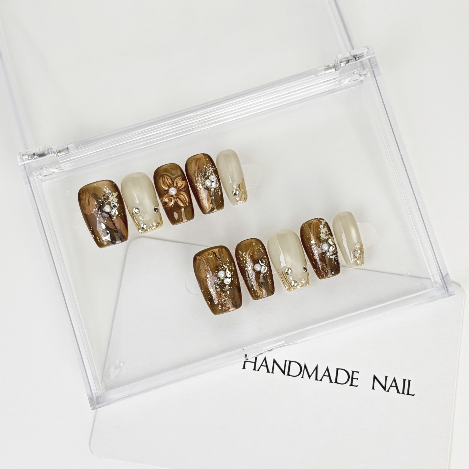 Vintage Gold Amber Press-On Nails with Pearl & Metal Flowers – Square Shape
