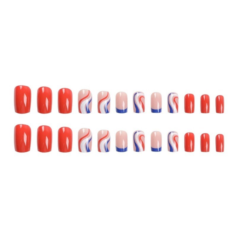 48Pcs-Short Square Press on Nails Red White Blue Swirl French Patriotic Nails