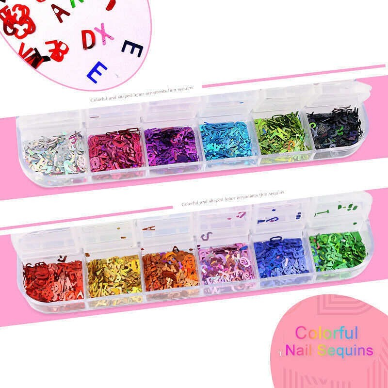 12 Colors Holographics Letter Nail Art Sequins Colorful UV Gel Decoration