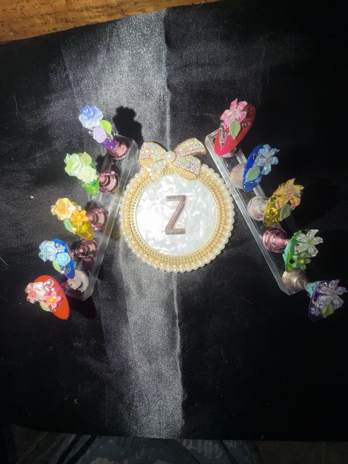 Z NAILZ! Handmade M Almond Multicolored 3D Floral Press On Nails