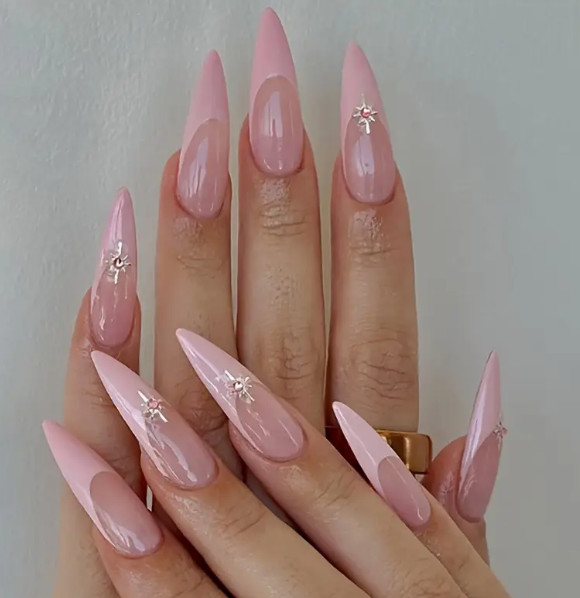 24 Pieces Press-on Nails Long Pink Pointed w/French Tips & Silver Charms