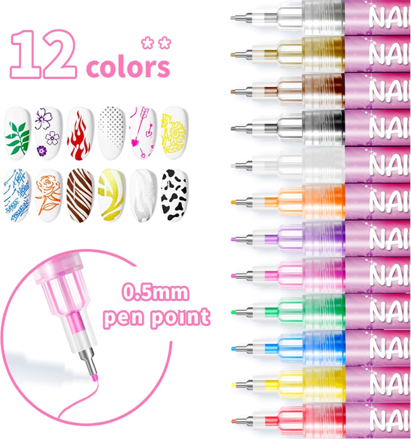 12 Colors Nail Art Pens Set 3D Nail Polish Pens Graffiti Dotting Pen