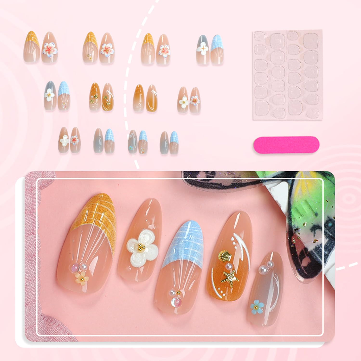 30Pcs Summer Beach Press on Nails Medium Almond Fake Nails 3D Colorful Flower De