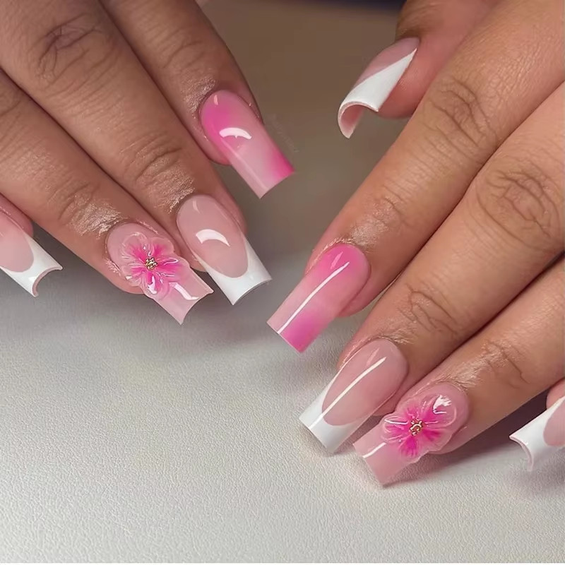 24Pcs Long French Fake Nails with Glue Ballet False Nails Butterfly Rhinestone D