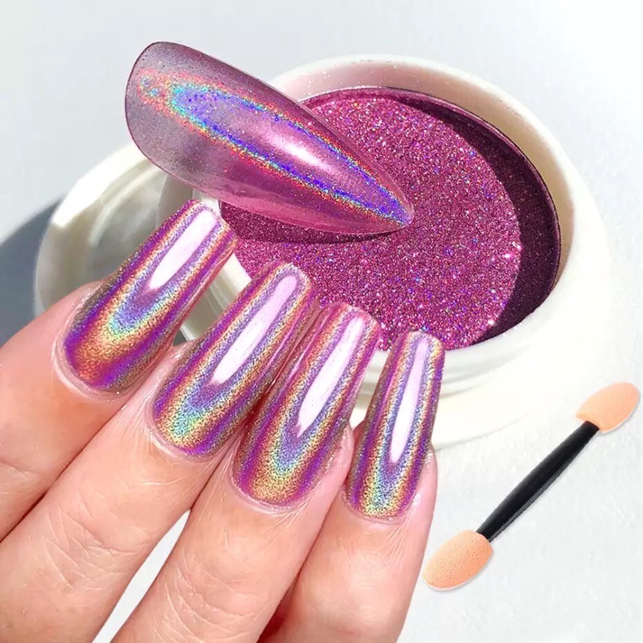 Rose Pink Holographic NAIL POWDER Mirror Effect CHROME Nail Art Mermaid Rainbow
