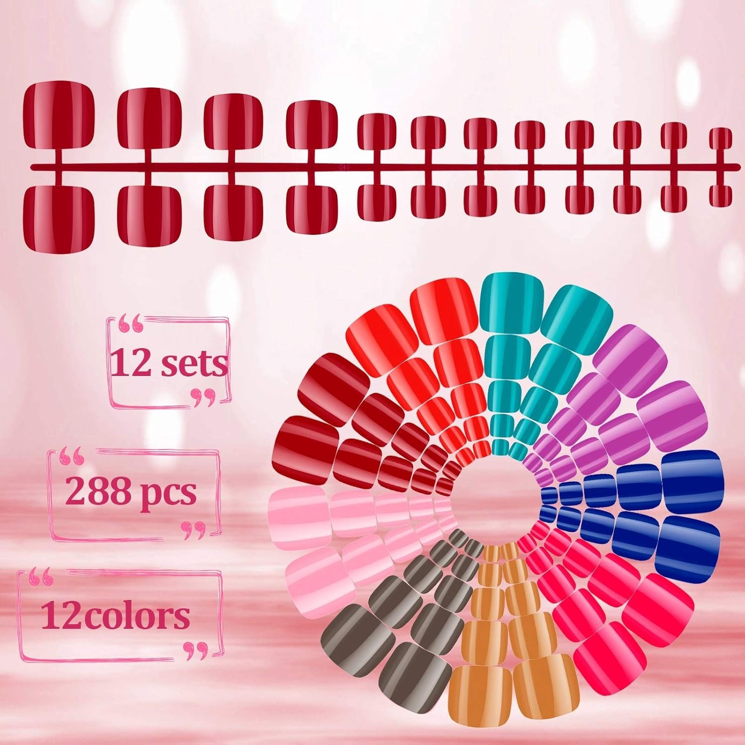 Short Press on Toenails 576 Pieces 24 Sets Glossy Square Solid Color Tips