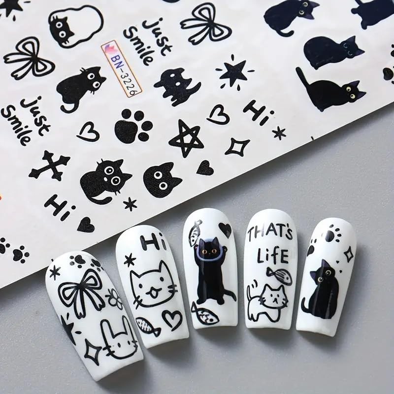 Cute Cat Nail Art Stickers Black Cats Water Transfer Nail Stickers Cat Style-4