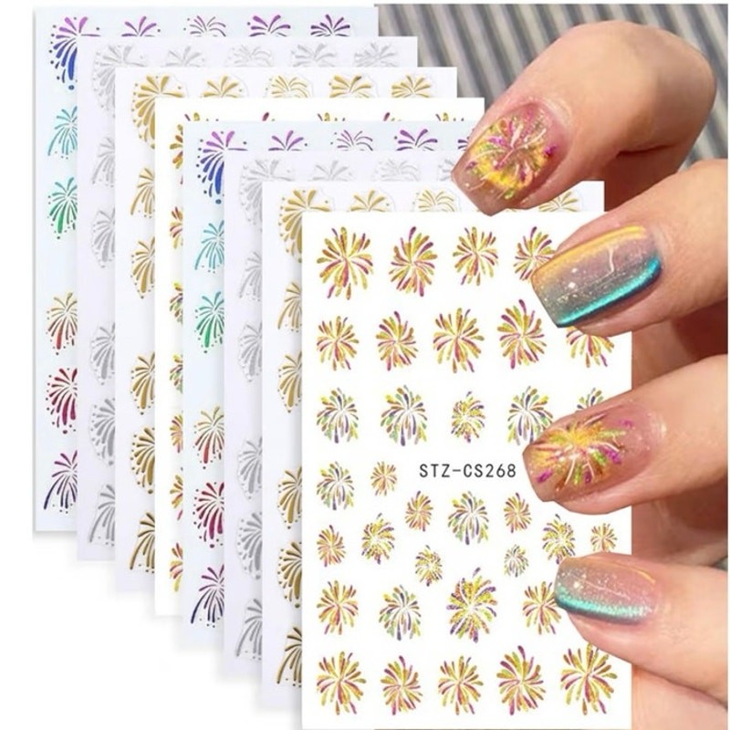 NEW 8 Sheets Colorful Firework Nail Stickers for Nail Art 3D Self-Adhesive