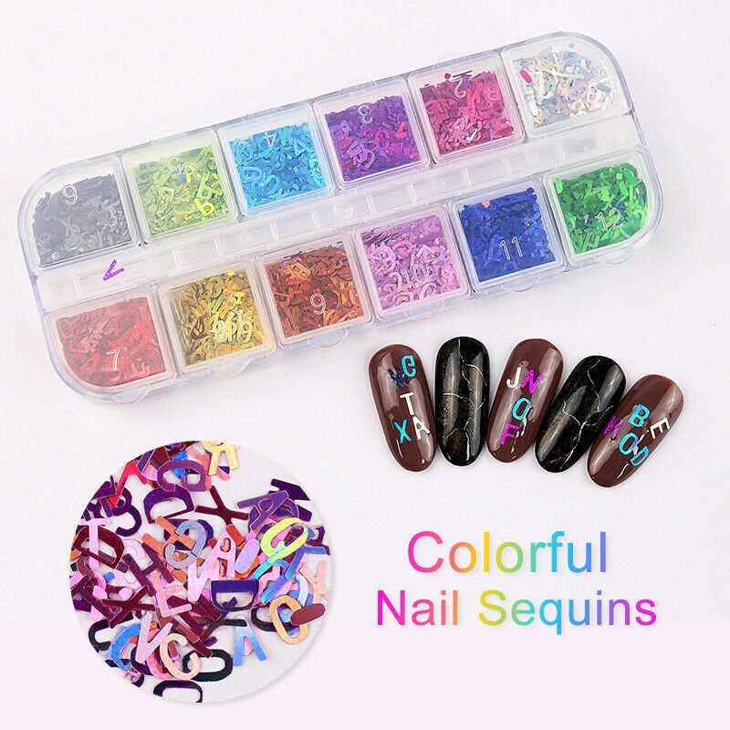 12 Colors Holographics Letter Nail Art Sequins Colorful UV Gel Decoration