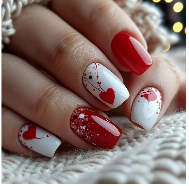 Presson Fingernails 24pcs White/Red Nail-Heart Press on Nails Short Square F025