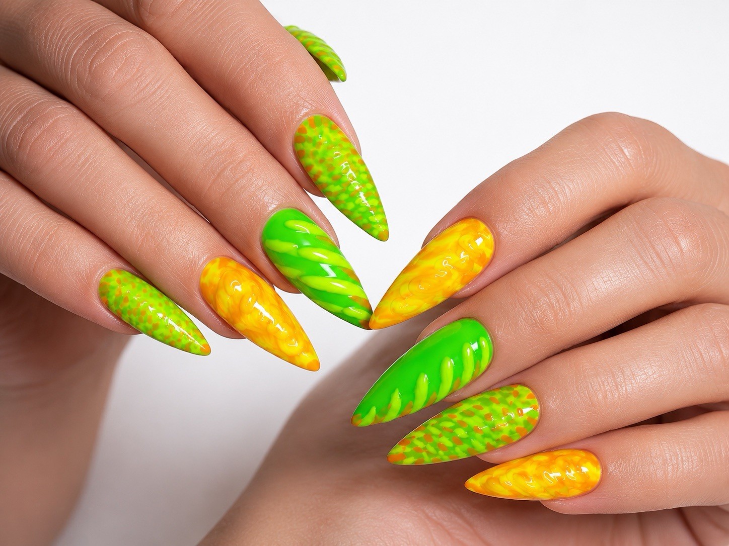 Handmade Neon Green & Orange Stiletto Press On Sz M Nails Long Glossy Summer Set