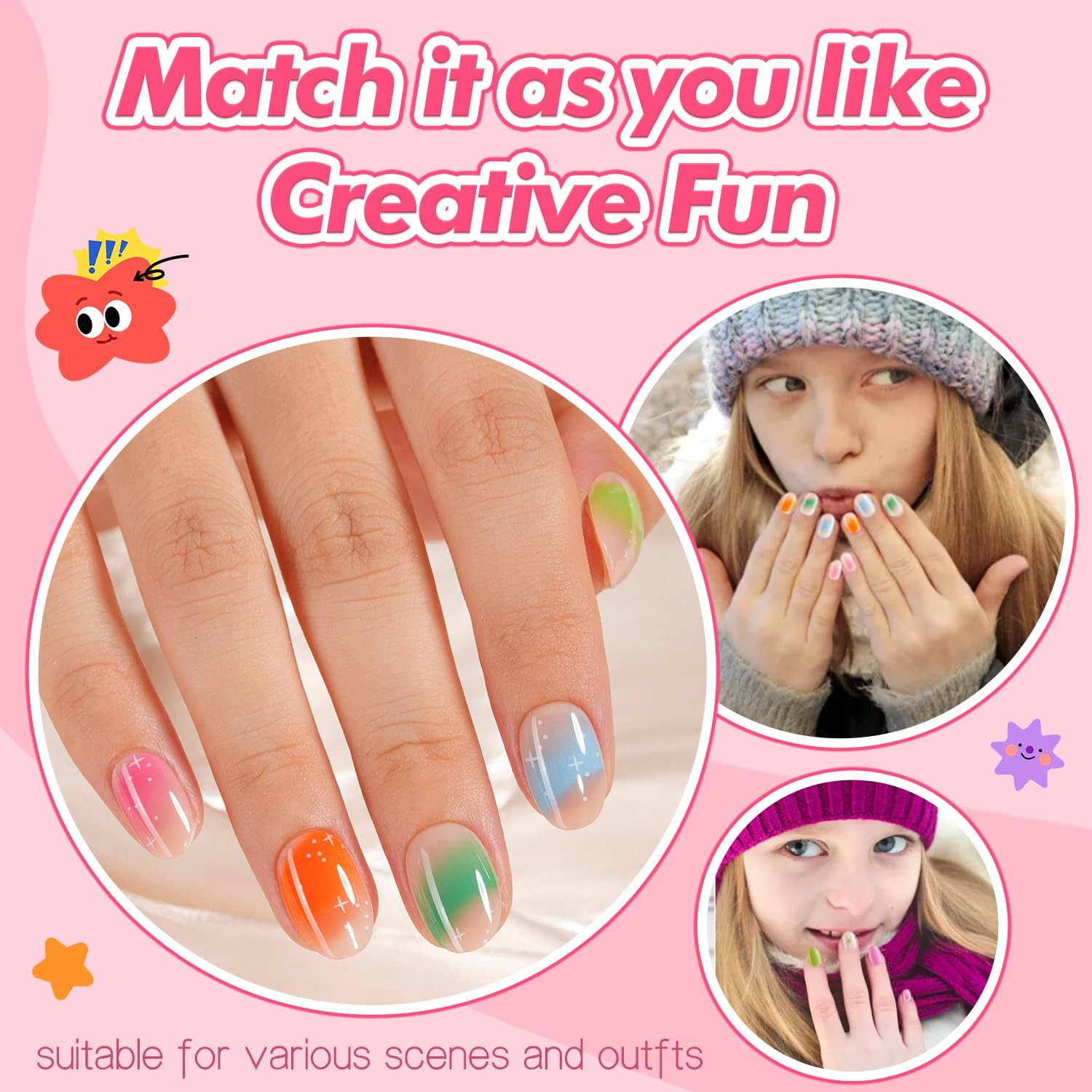 Misssix 78 Pcs Press on Nails for Kids, 3 Pack Kid Fake Nail Kit Cute Press on N