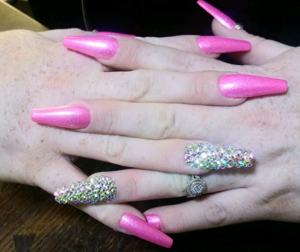 Neon pink Bling Nails-diamond- Gel Full Set ballerina press on nails Any Shape