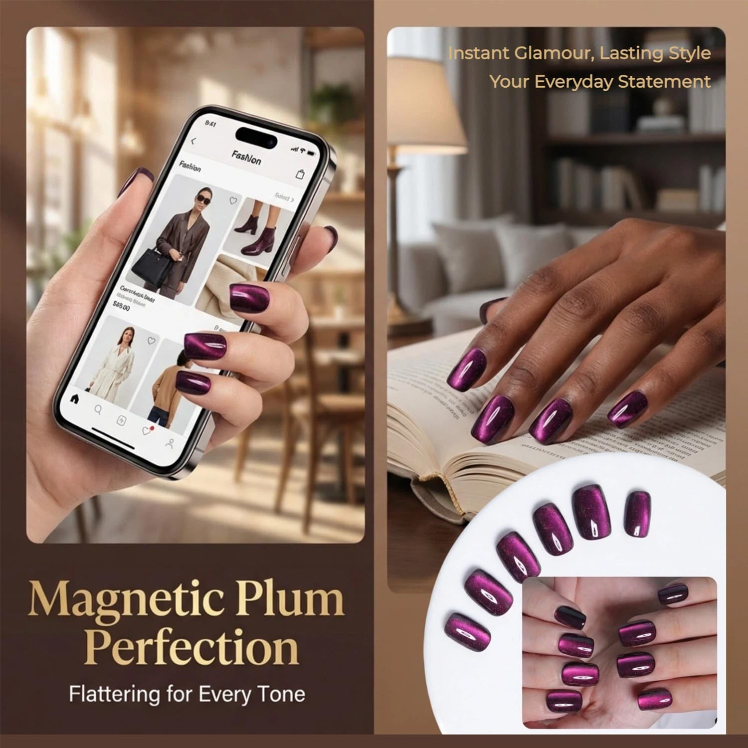 Purple Burgundy Cat Eye Press On Nails Short Square Soft Gel Fake Nails Reusa…