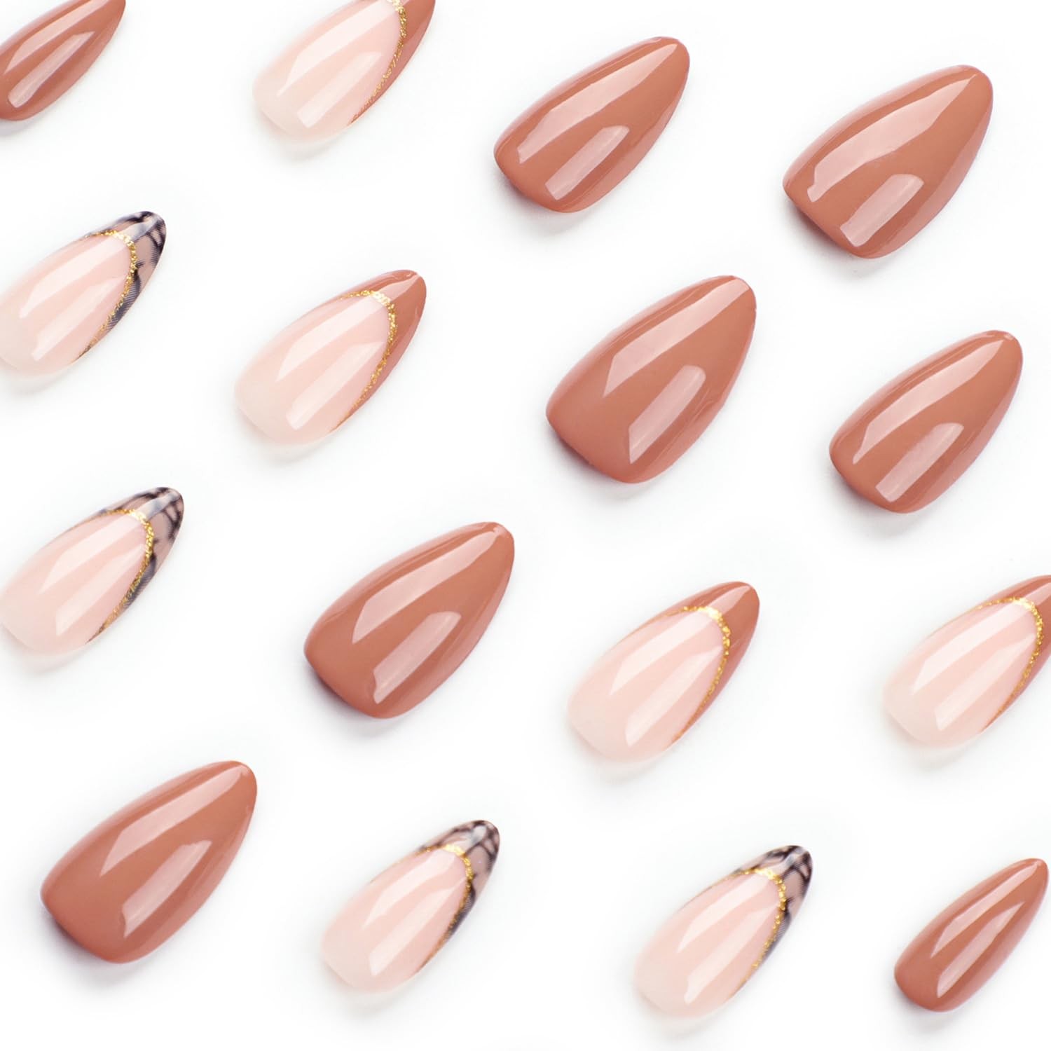 24 Pcs Fall Press on Nails French Tips Almond Fake Nude & Brown False Gold Gl…