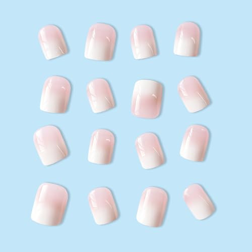 Pink Ombre Press on Nails Short Square Fake Nails with Nude White Gradient