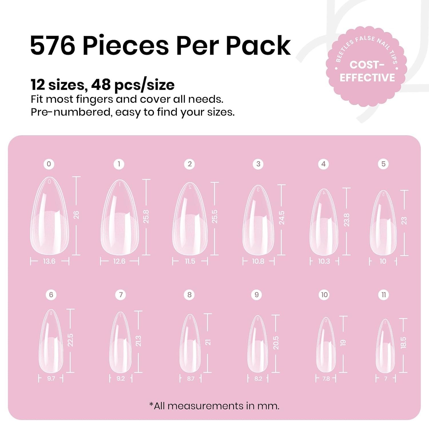 Beetles Medium Almond Nail Tips 576pcs 12 Sizes, Pre-Etched Soft Gel Tips Half