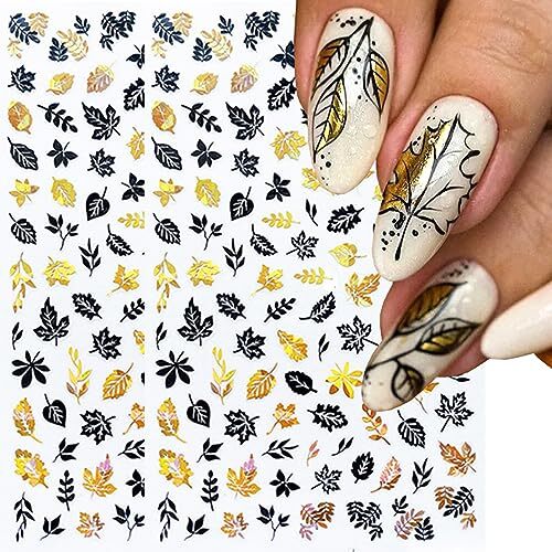 8Sheets Gold Maple Leaf Nail Stickers 3D Fall Nail Art Supplies Sticker 12