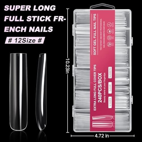 Extra Long Square Full Cover Nail Tips 240PCS XXXL Clear Full Cover Fake Nails