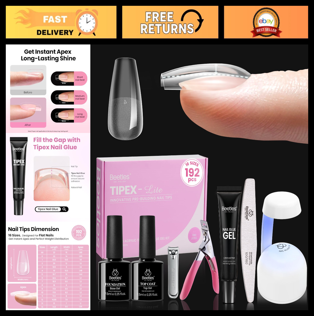 192pcs Coffin Nail Tips Kit – Short Pre-Built Acrylics, UV Glue, Mini Lamp & Too