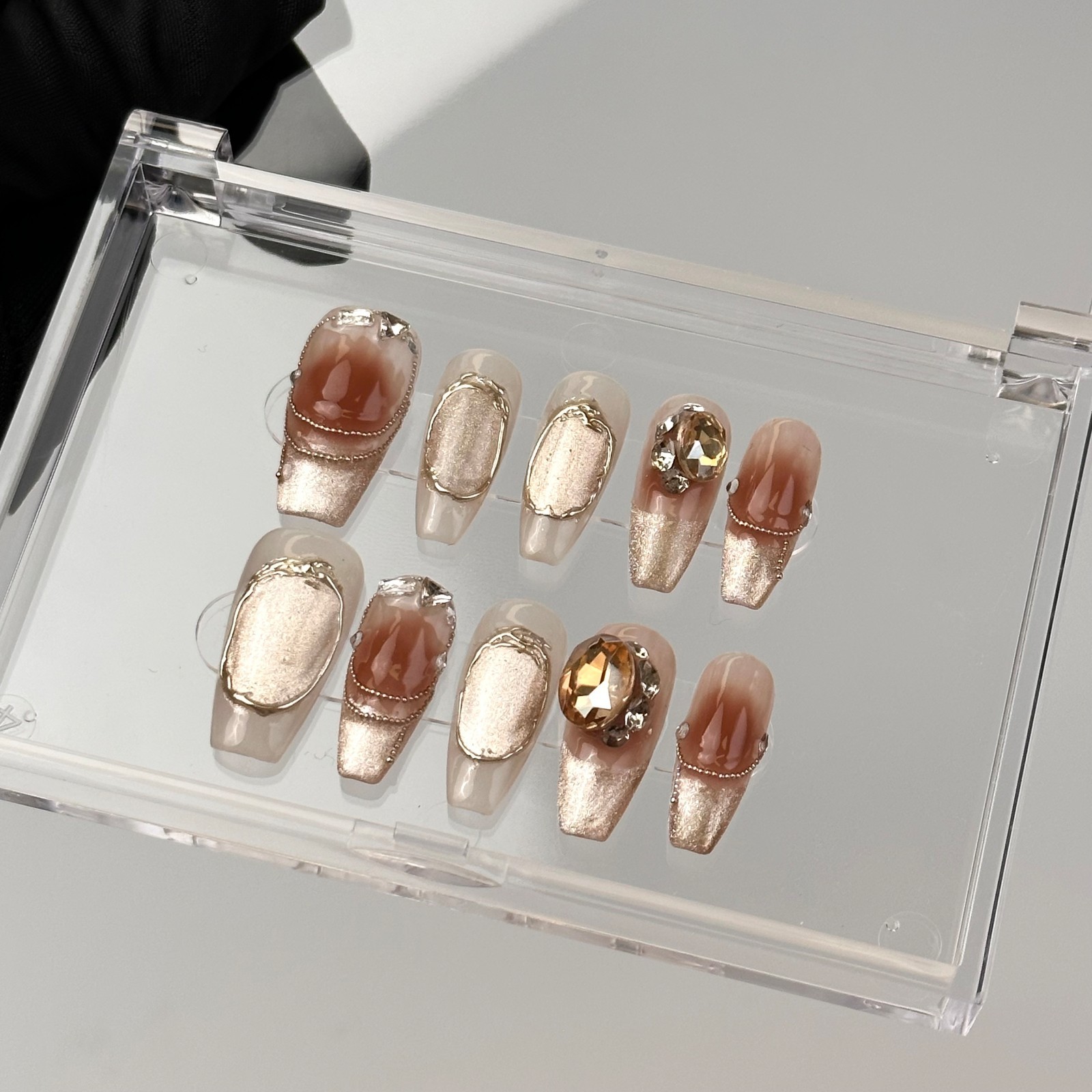 Marble Brown Cat Eye Amber Press On Nails, 3D Gold Luxury Handmade Nail Set