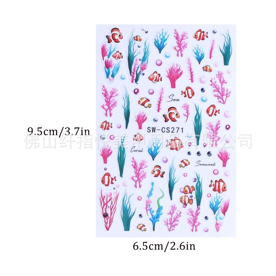 2Pcs Set Nail Stickers Clownfish Seaweed Starfish Ocean Peel Off Decor NH30
