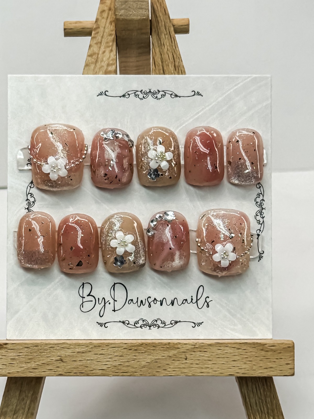 by.Dawson Press on Nails 3D Gel nails floral short square glitter colors sz M