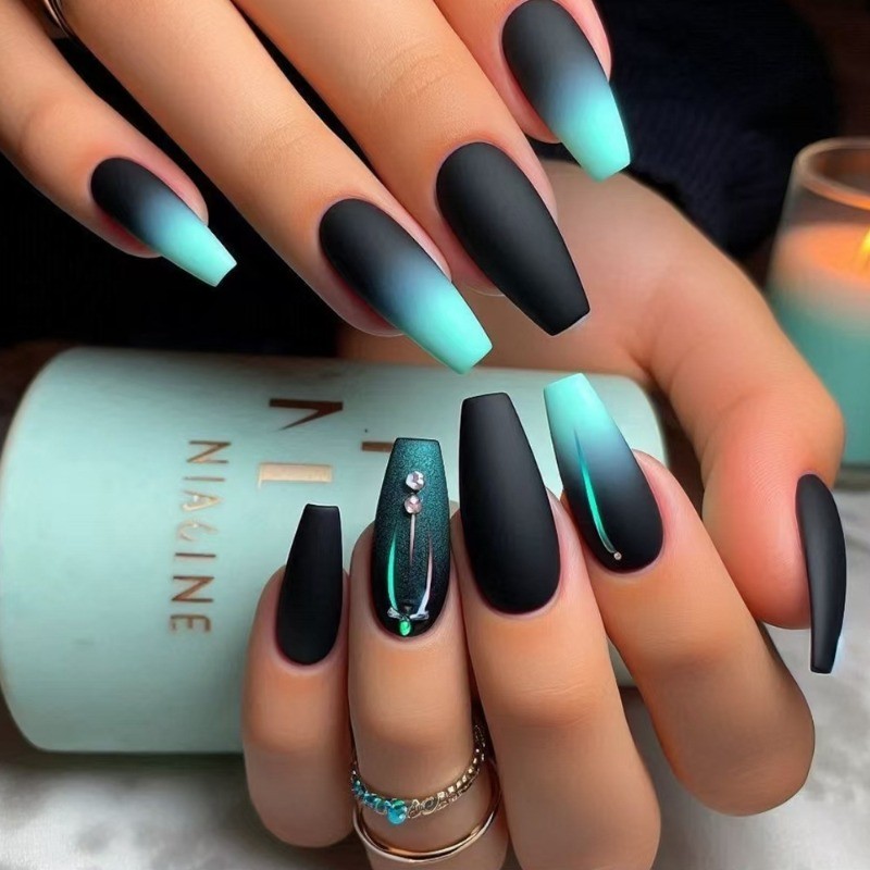 48pcs-Black & Mint Green Press on Nails, Coffin Ombre with Rhinestone Details