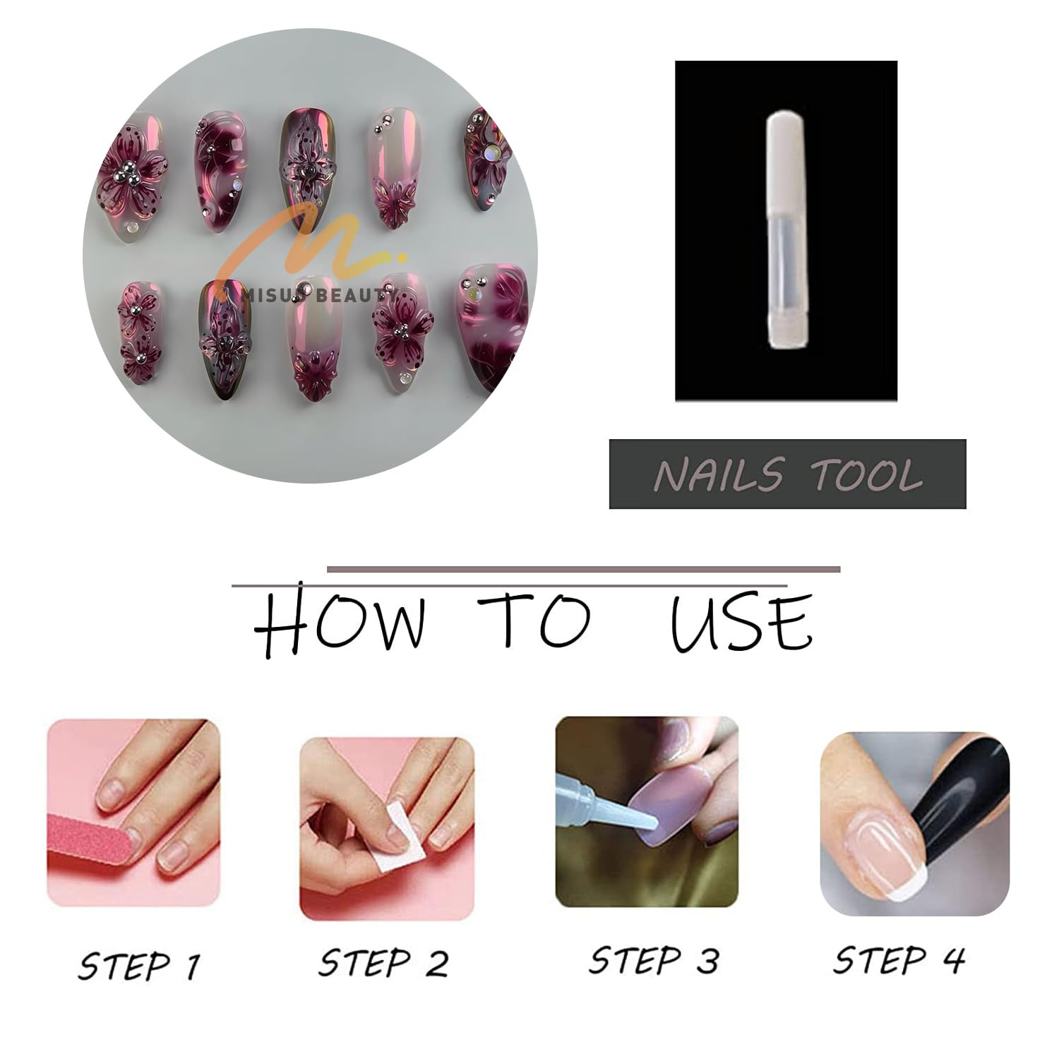 Press on Nails – Medium Almond Fake Nails with Purple Acrylic Handmade 3D Flower