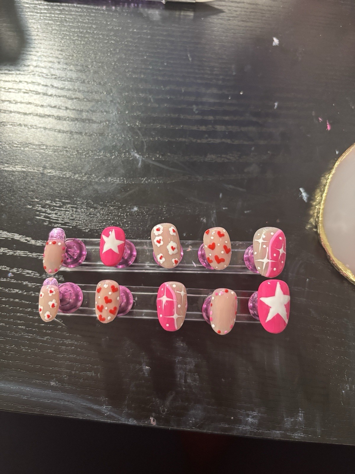 Pink Beige Red Shiny Star Heart Oval Full Cover Pre-Designed Press-On Nails Set