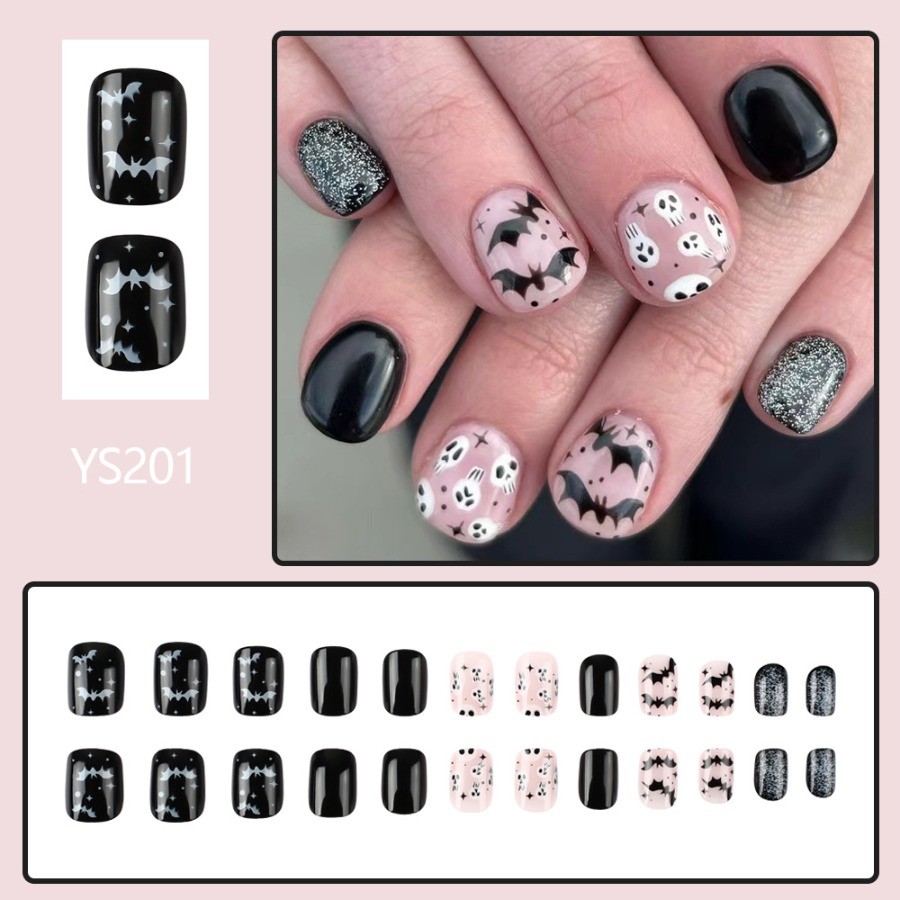 48pcs-Cute Spooky Nails, Press on Short Square with Pink, Black & Silver Glitter