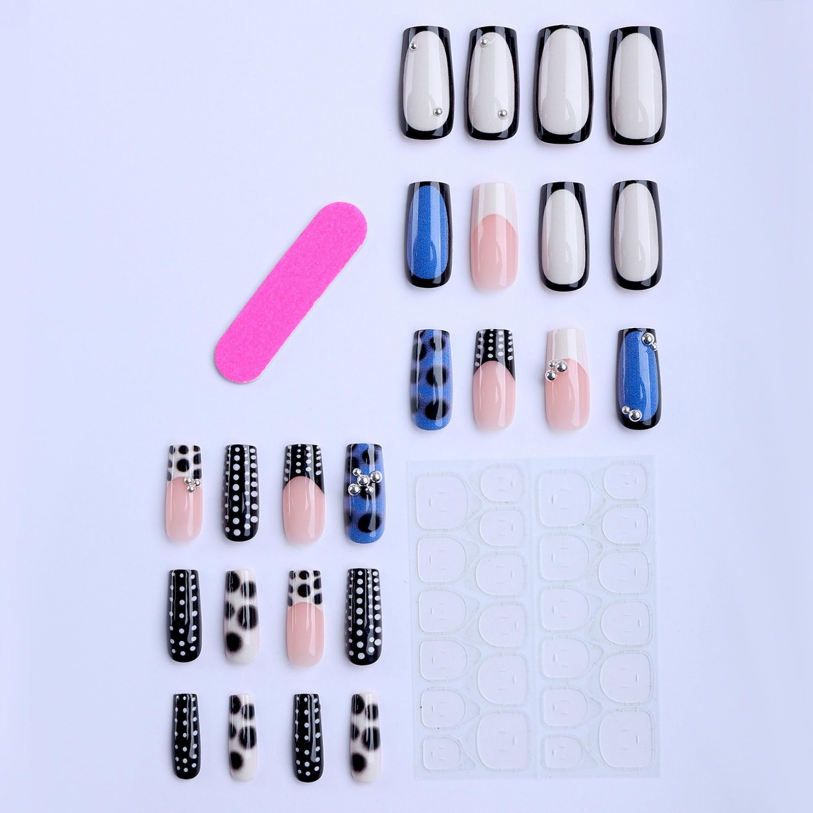 Press on Nails Medium Square – Black White Polka Dot French Tip 3D Metallic C…
