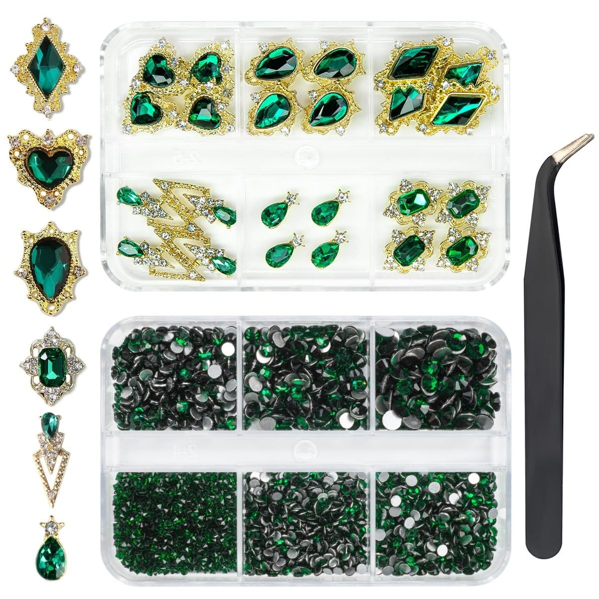 24pcs Green Luxury Nail Charms + 2000pcs Emerald Green Rhinestones 3D Big Gem…
