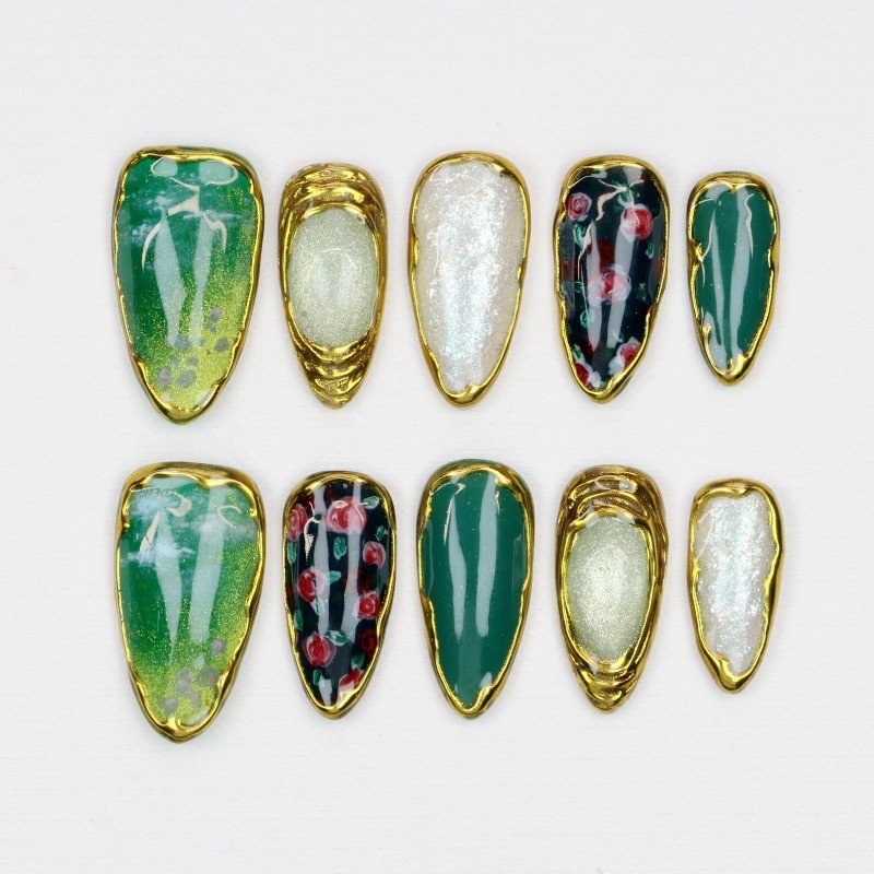 Custom Pure Handmade Nails Dark Green Gold Trim Floral Luxury Daily Manicure