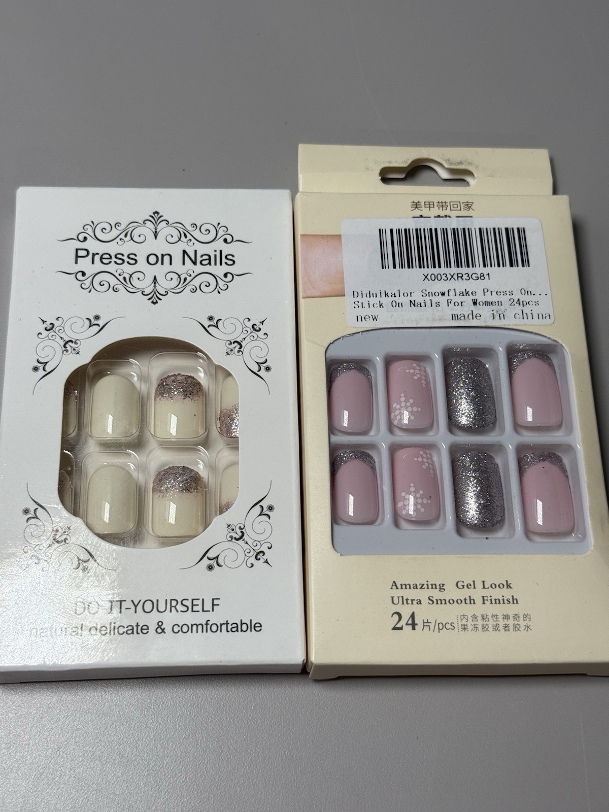 SET OF 2 Styles Pink Floral Glitter French & Ivory Glitter Gradient