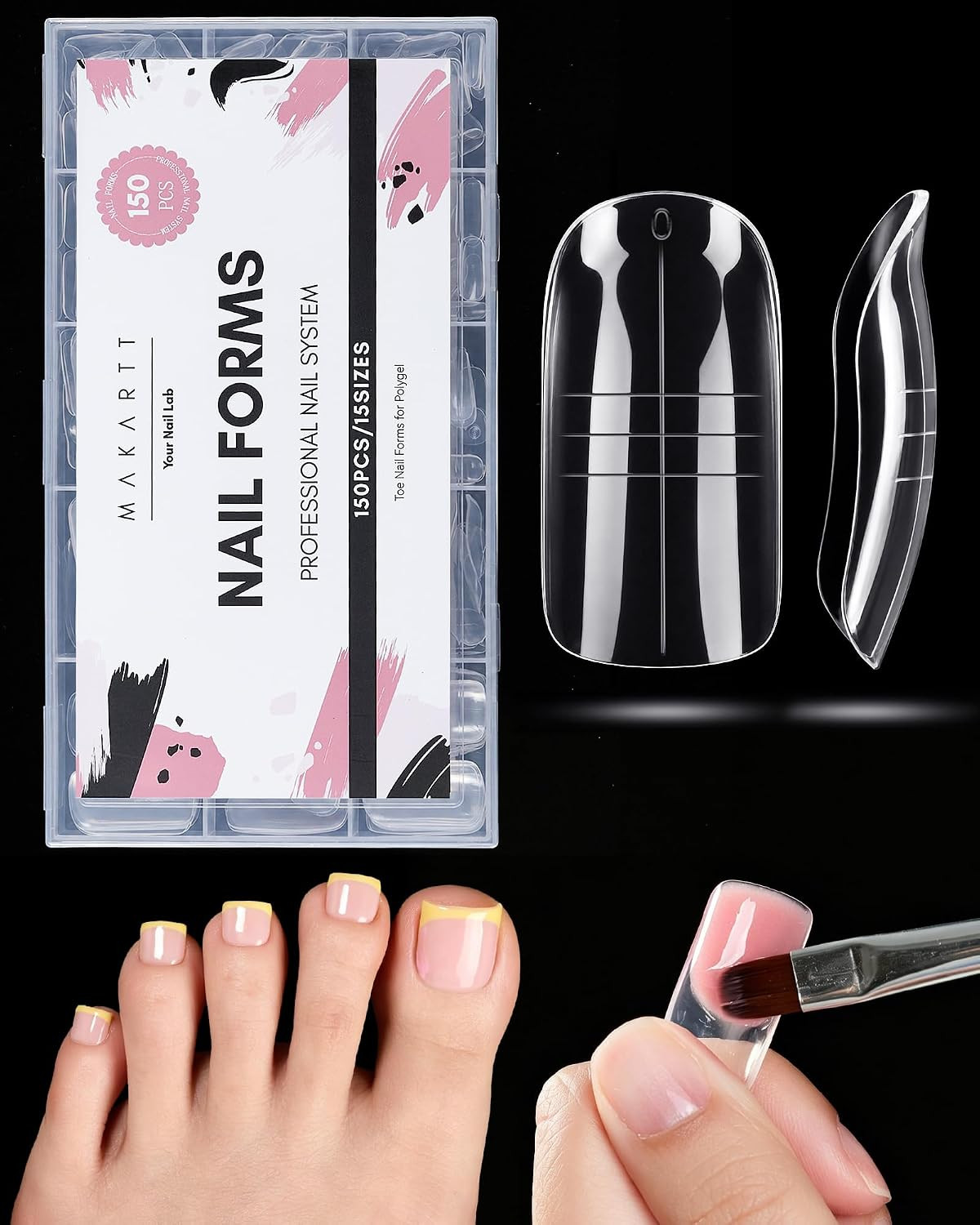 Toe Dual Forms for Poly Nail Gel, 150PCS 15 Sizes Toenail Forms Molds with Lengt
